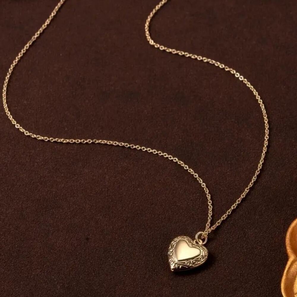 Gold heart locket necklace Vine pattern anniversary birthday Valentine's Gift
